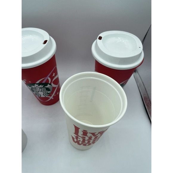 5 Starbucks Christmas Holiday Red White16 Oz. Recycled Travel Cups Mugs w 3 Lids - Picture 5 of 8